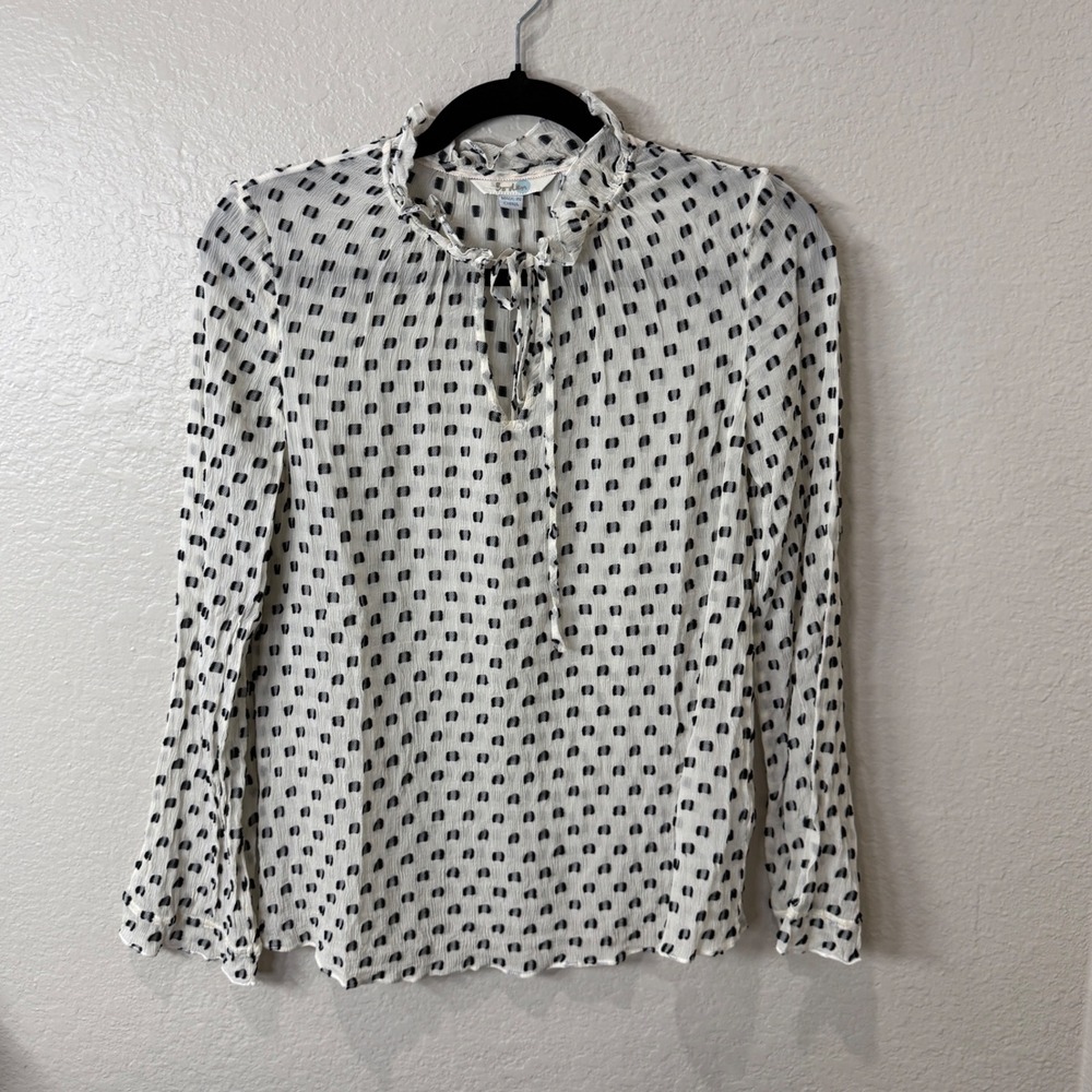 Boden US 4 Silk Cotton Blouse Ivory Black Geometric Ruffle Neck Tie Romantic